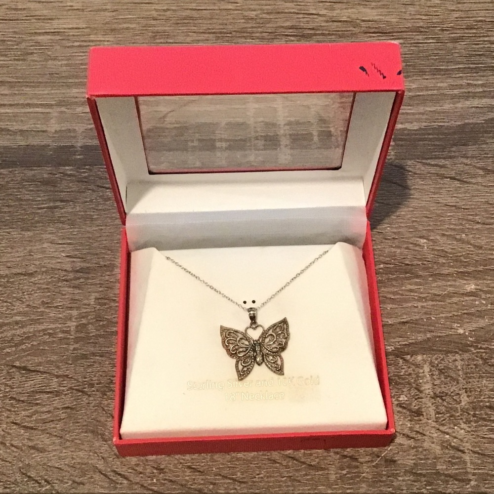 Sterling Silver & 10K Gold Butterfly Pendant Necklace 18" Long Signed SA